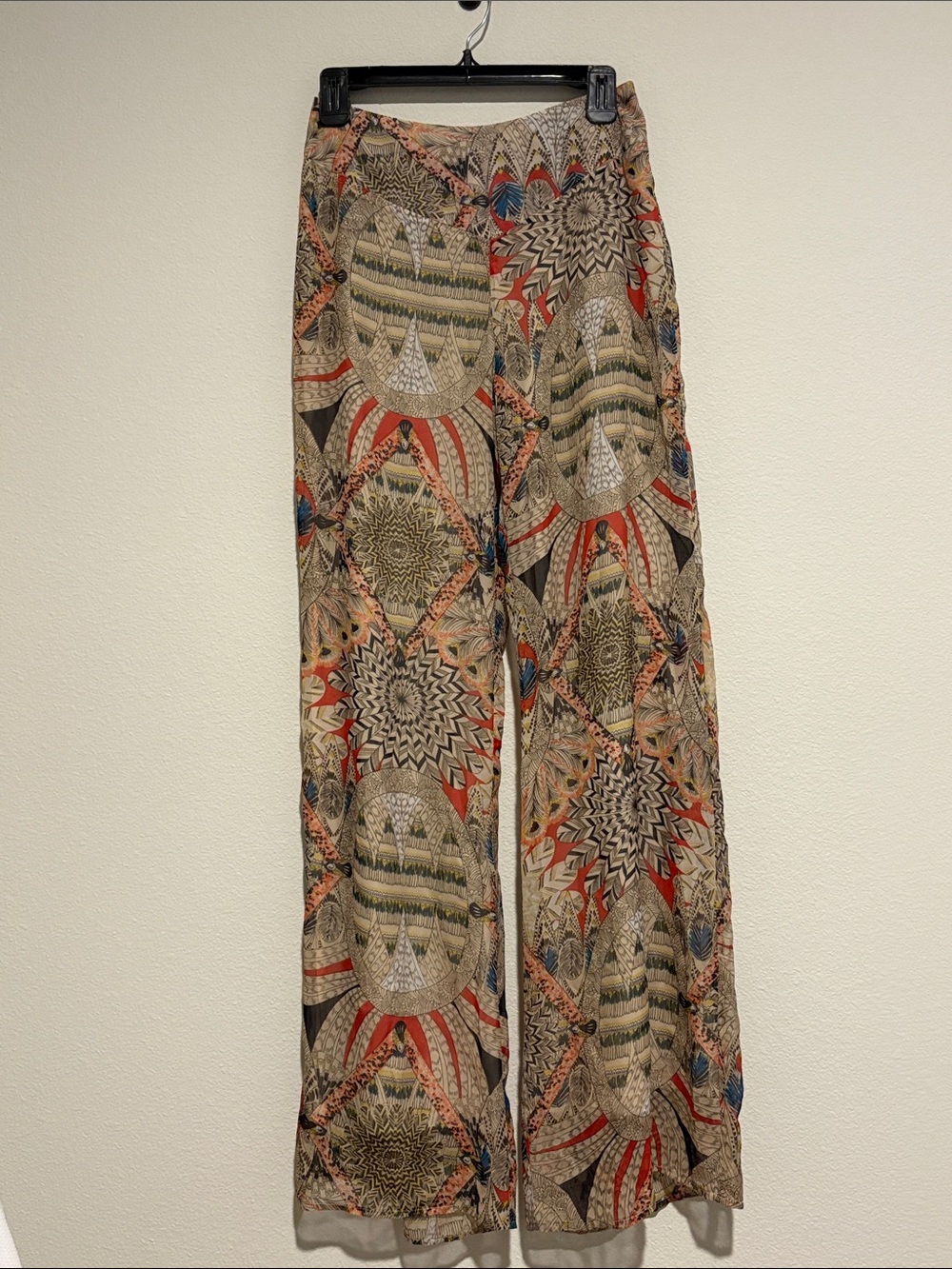 Patterned Beige Wide-Leg Pants